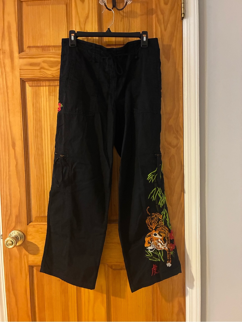 Johnny Was Black Cargo Pants with Multicolor Tiger Embroidery